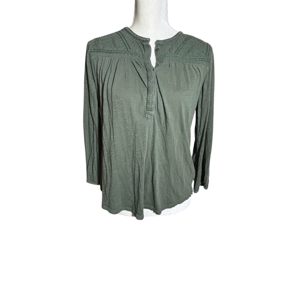 Lucky Brand Green Embroidered 3/4 Sleeve Cotton Button Blouse Size Small Petite